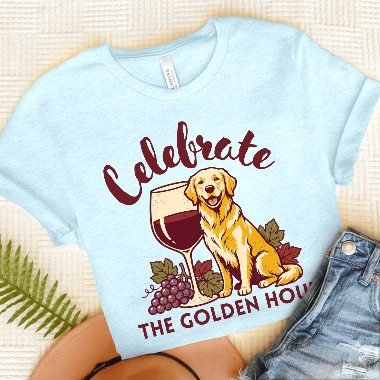 Golden Retriever Wine Hour Unisex Tshirt Heather Ice Blue