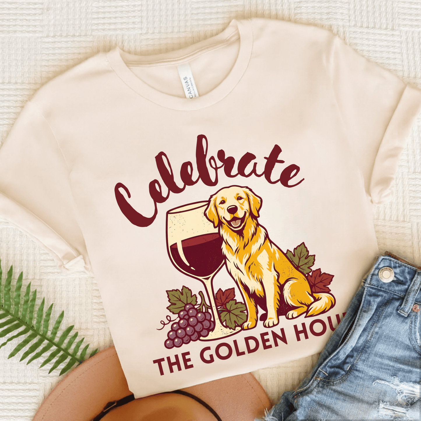 Golden Retriever Wine Hour Unisex Tshirt Natural