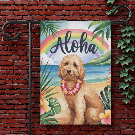 Printify Garden Flag 12'' × 18'' Goldendoodle Aloha Luau Garden Flag