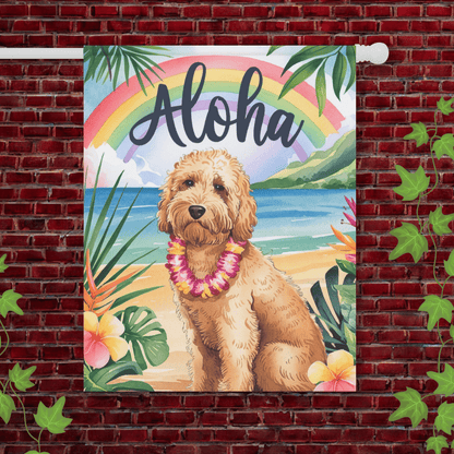 Printify Garden Flag 24.5'' × 32'' Goldendoodle Aloha Luau Garden Flag