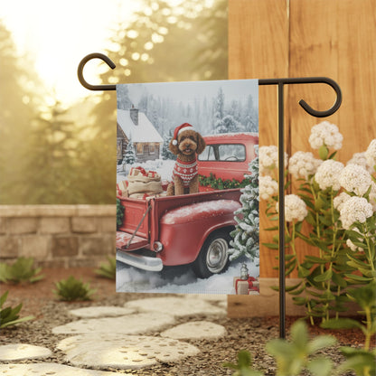 Goldendoodle Dog Red Truck Christmas Garden Flag