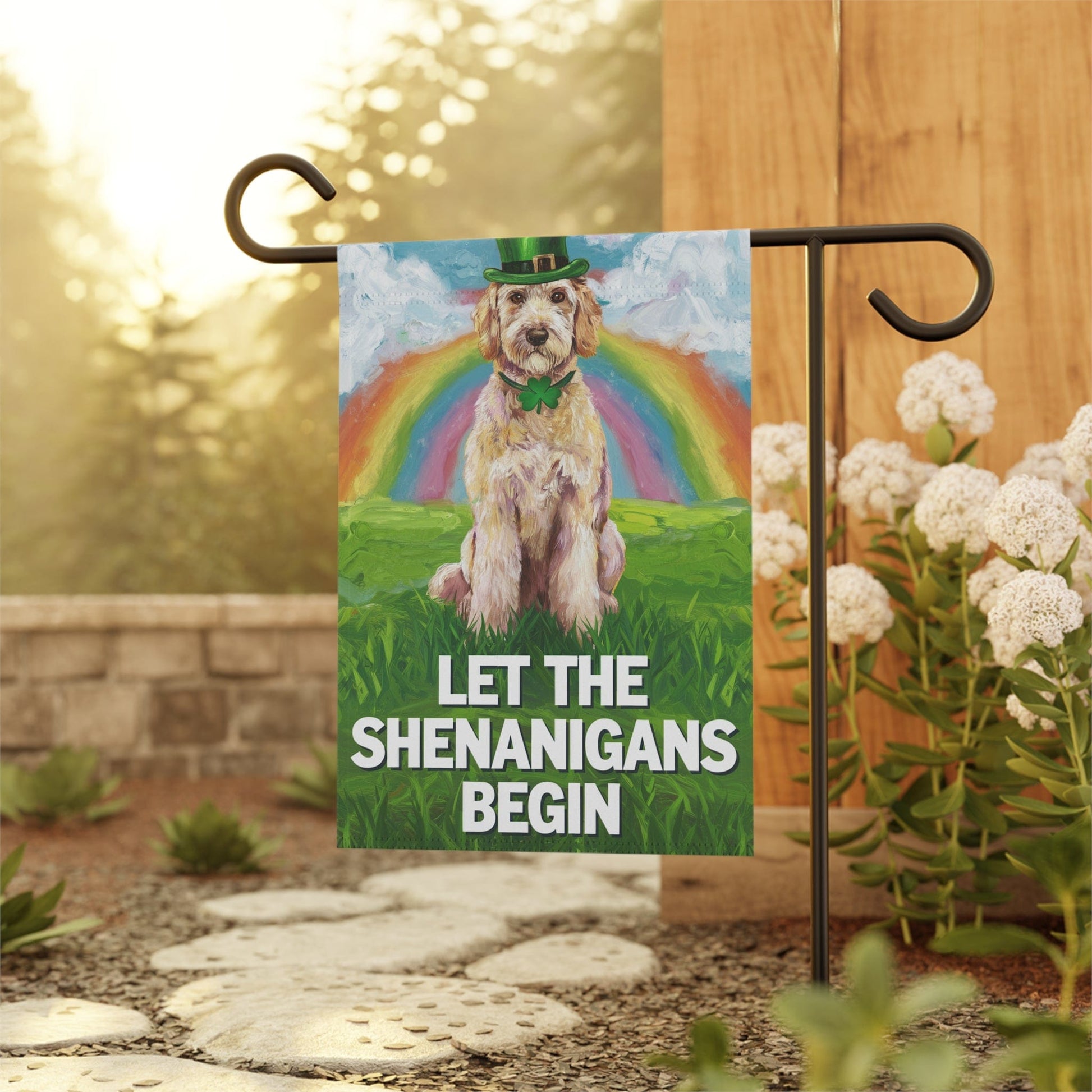 Printify Home Decor 12'' × 18'' Goldendoodle Garden Flag, Saint Patricks Day Funny Dog Yard Outside Decor