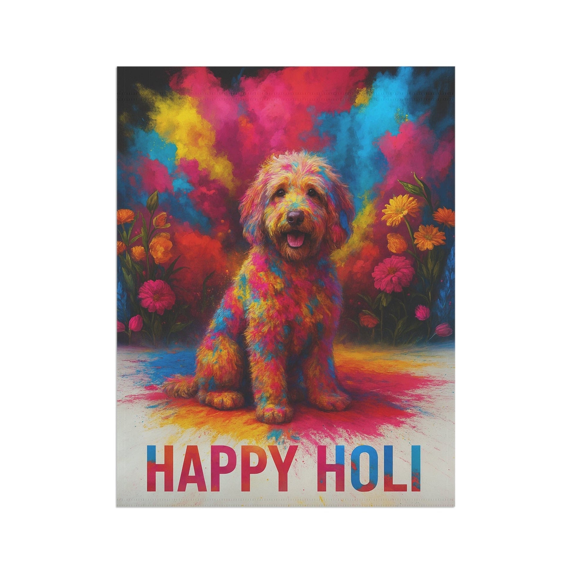 Printify Home Decor Goldendoodle Holi Garden Flag, Indian Spring Festival Decor, Dog Lovers Yard Outside Decor