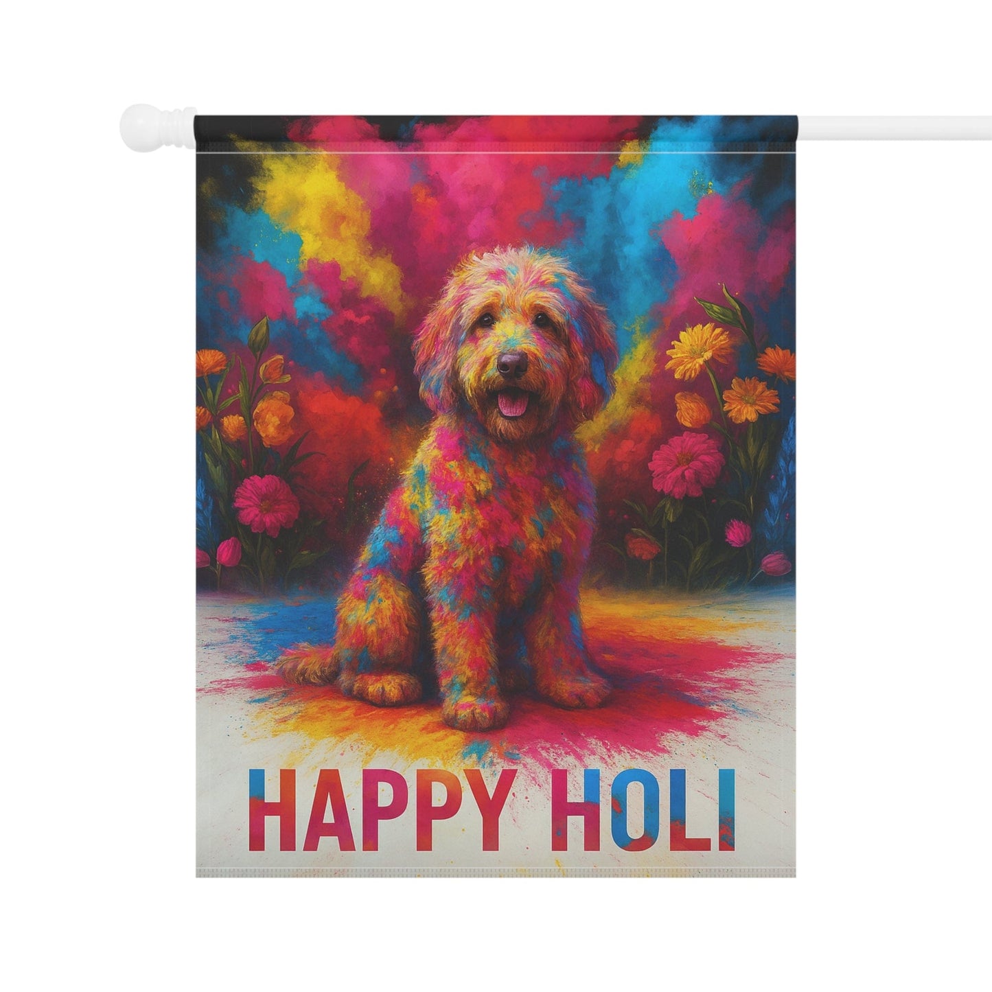 Printify Home Decor Goldendoodle Holi Garden Flag, Indian Spring Festival Decor, Dog Lovers Yard Outside Decor