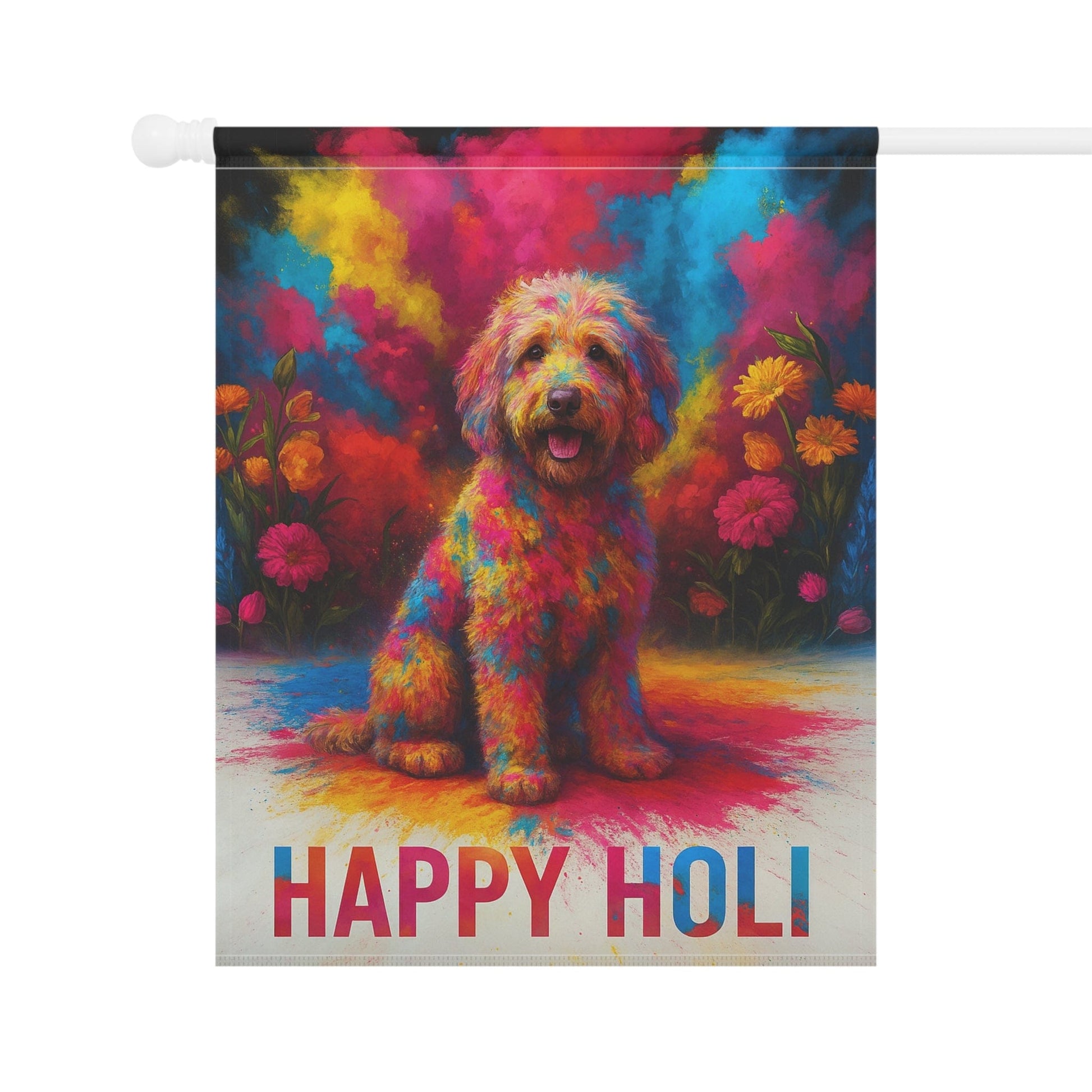 Printify Home Decor Goldendoodle Holi Garden Flag, Indian Spring Festival Decor, Dog Lovers Yard Outside Decor