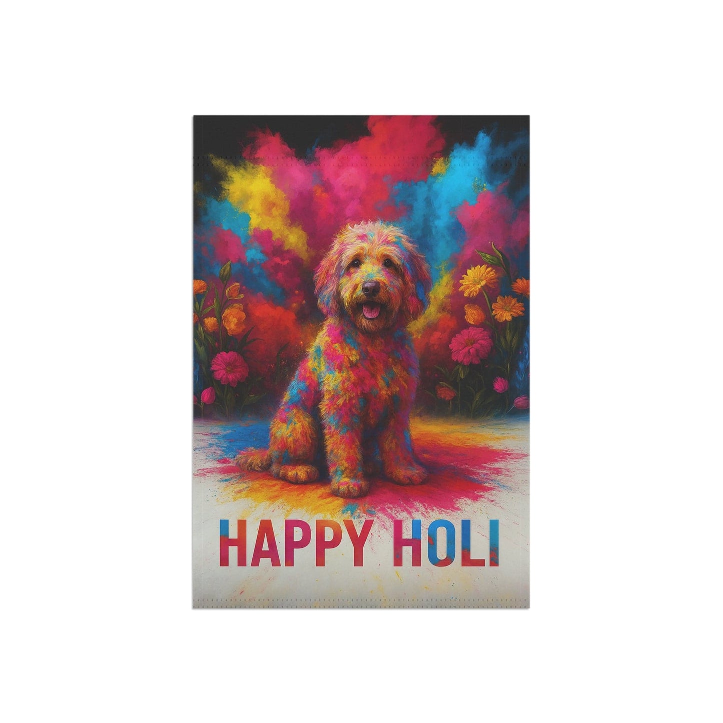 Printify Home Decor Goldendoodle Holi Garden Flag, Indian Spring Festival Decor, Dog Lovers Yard Outside Decor