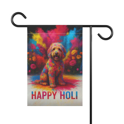 Printify Home Decor Goldendoodle Holi Garden Flag, Indian Spring Festival Decor, Dog Lovers Yard Outside Decor
