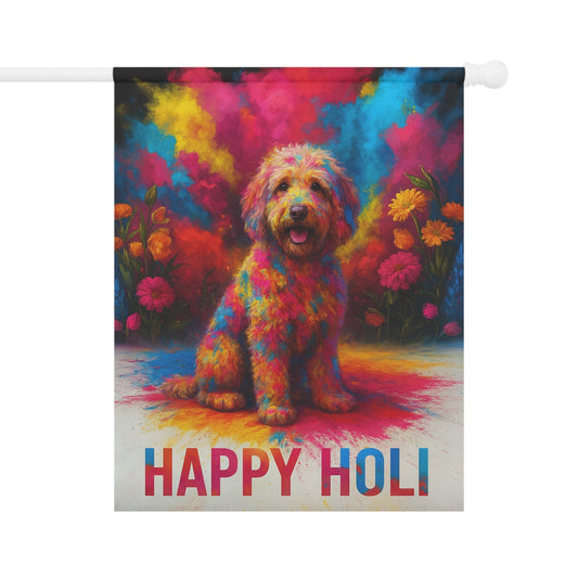 Printify Home Decor 24.5'' × 32'' Goldendoodle Holi Garden Flag, Indian Spring Festival Decor, Dog Lovers Yard Outside Decor
