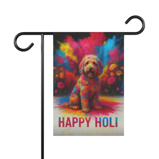 Printify Home Decor 12'' × 18'' Goldendoodle Holi Garden Flag, Indian Spring Festival Decor, Dog Lovers Yard Outside Decor