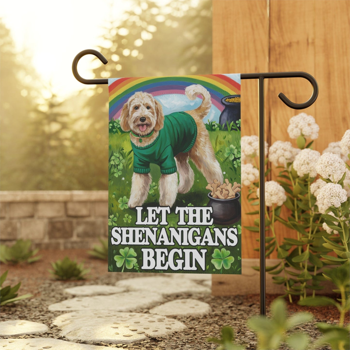 Printify Home Decor Goldendoodle St Pattie's Day Garden Flag, Saint Patricks Day Funny Dog Lovers Yard Outside Decor