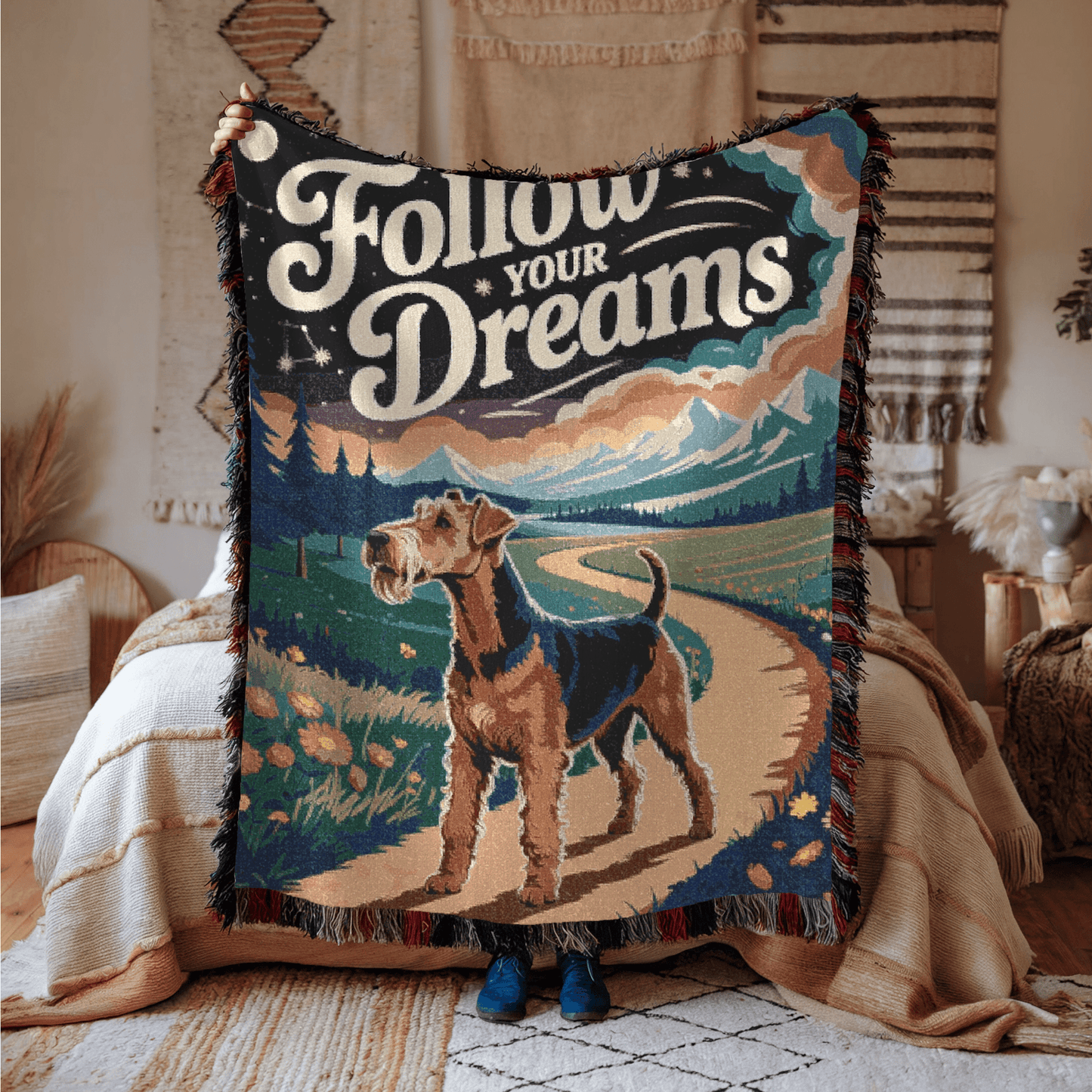 Printify Home Decor Graduation Pet Woven Blanket, Airedale Terrier Dog Throw Housewarming, Fun Home Accent