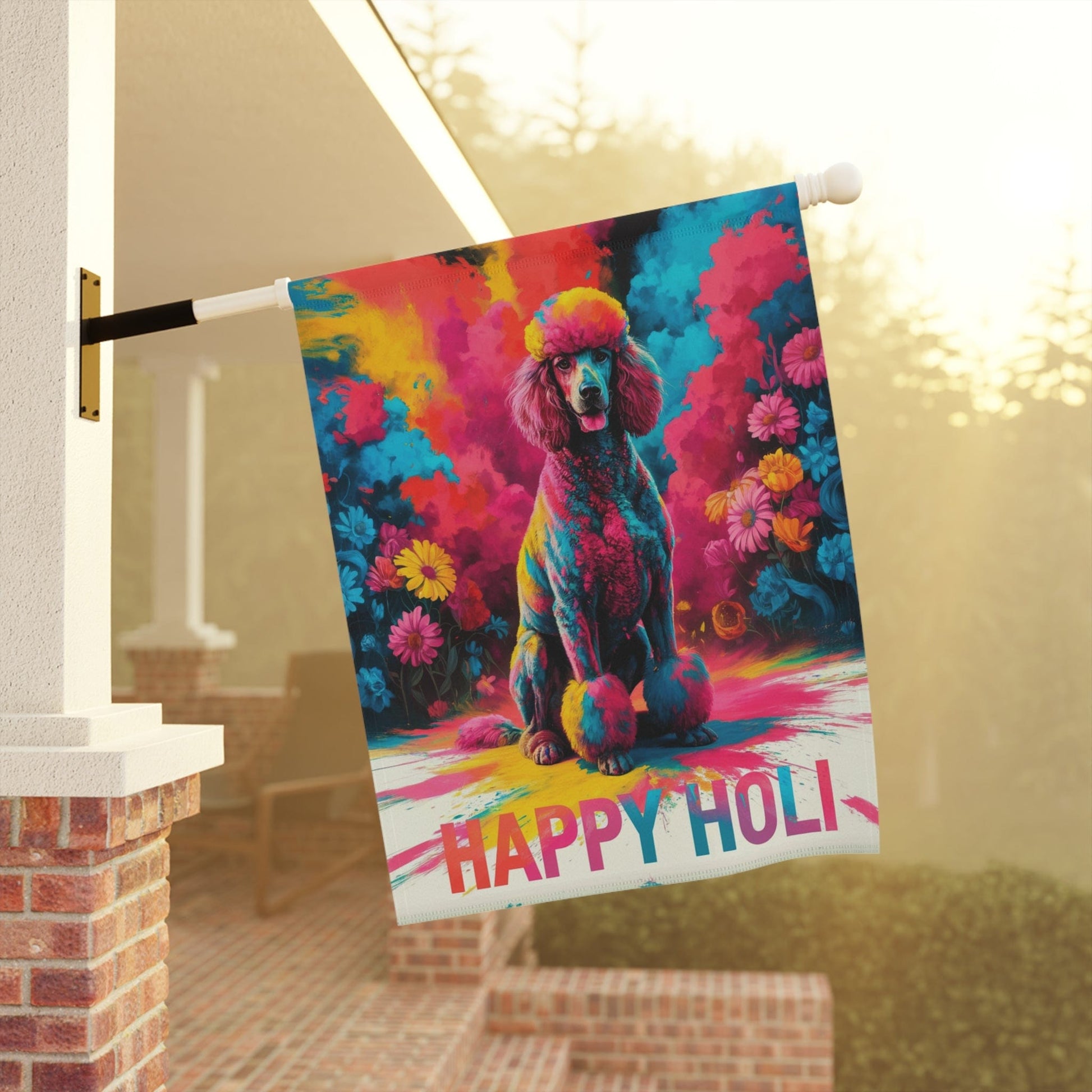 Printify Home Decor Gray Standard Poodle Holi Garden Flag, Indian Spring Festival, Dog Lovers Yard Outside Decor