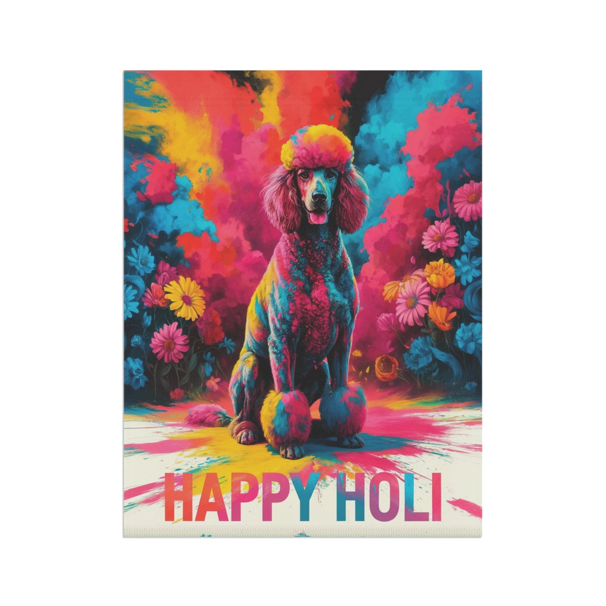 Printify Home Decor Gray Standard Poodle Holi Garden Flag, Indian Spring Festival, Dog Lovers Yard Outside Decor