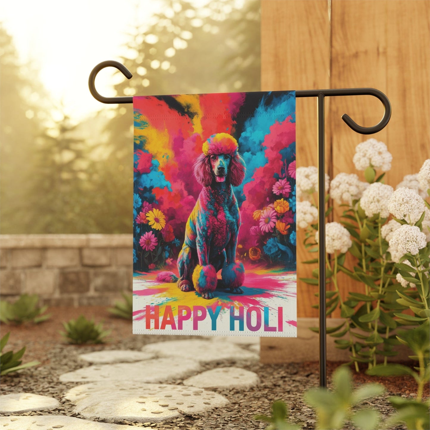 Printify Home Decor Gray Standard Poodle Holi Garden Flag, Indian Spring Festival, Dog Lovers Yard Outside Decor