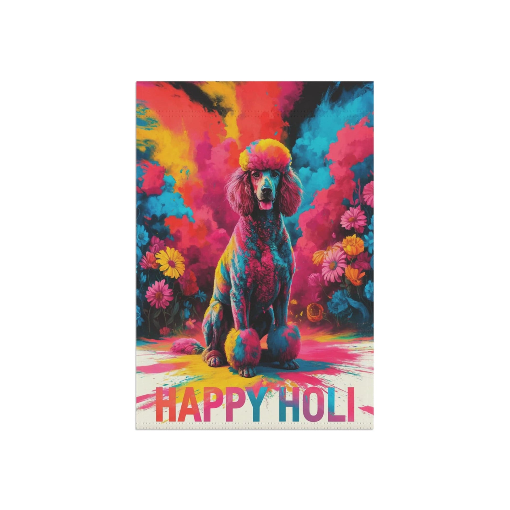 Printify Home Decor Gray Standard Poodle Holi Garden Flag, Indian Spring Festival, Dog Lovers Yard Outside Decor