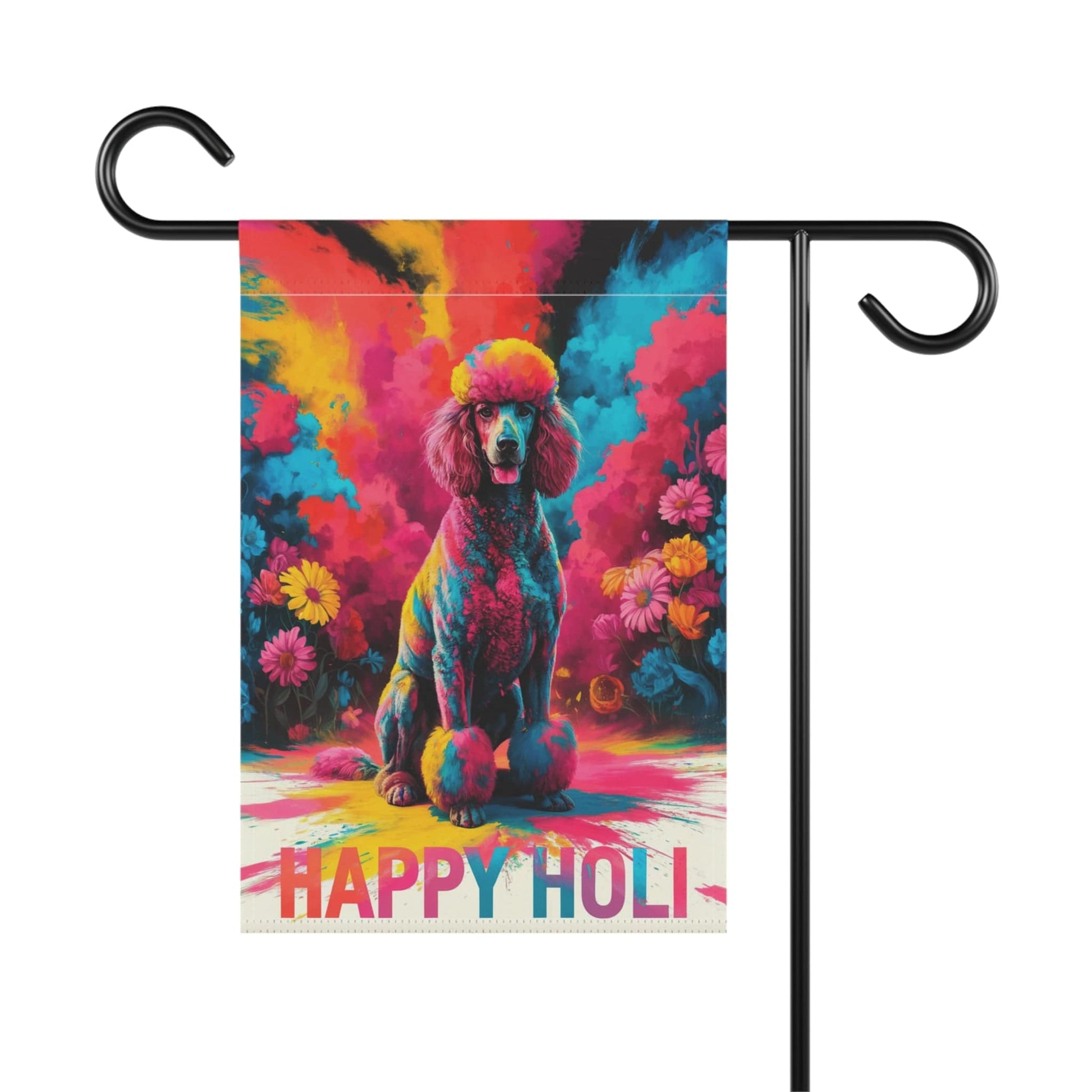 Printify Home Decor Gray Standard Poodle Holi Garden Flag, Indian Spring Festival, Dog Lovers Yard Outside Decor