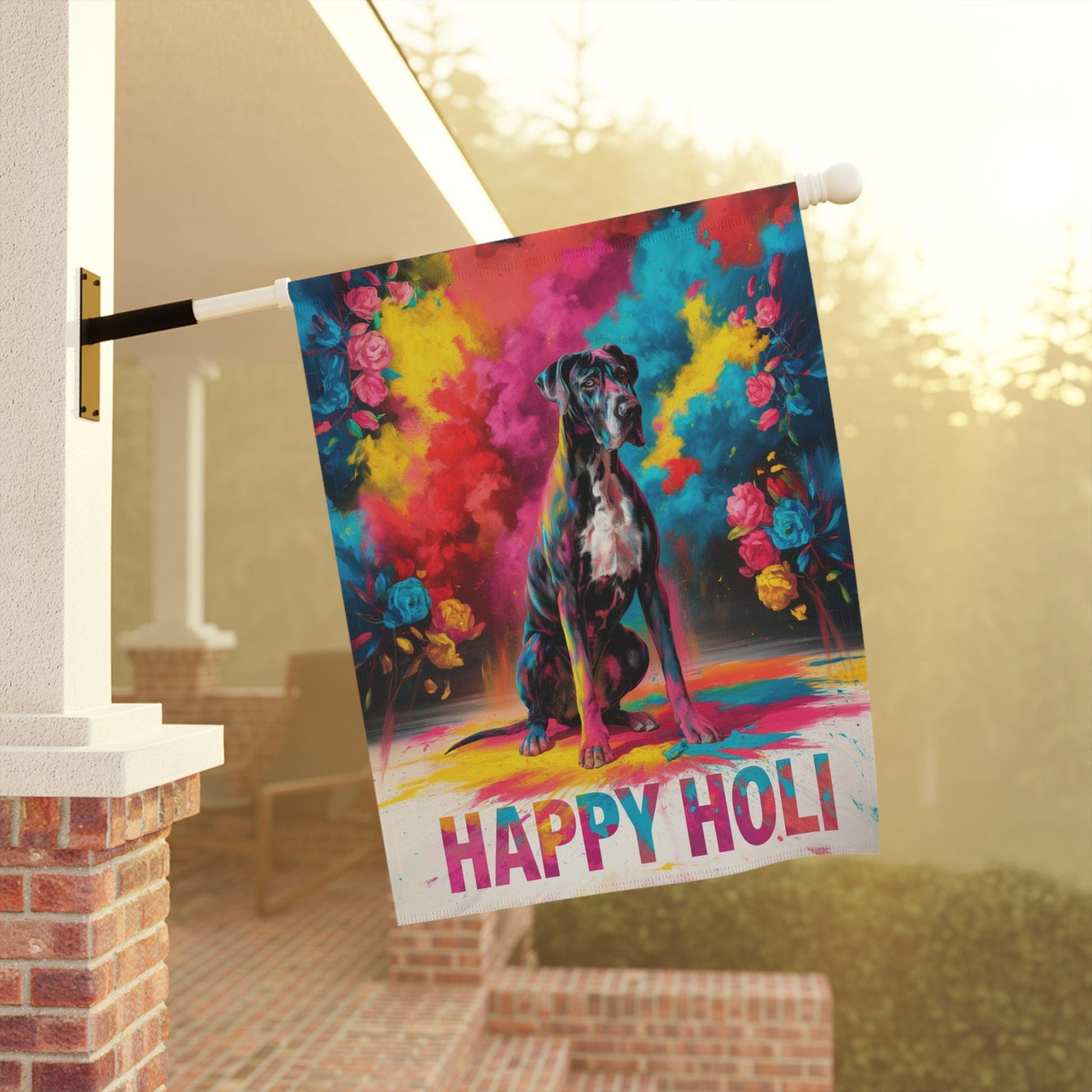 Printify Home Decor Great Dane Black Holi Garden Flag, Indian Spring Festival, Dog Lovers Yard Outside Decor