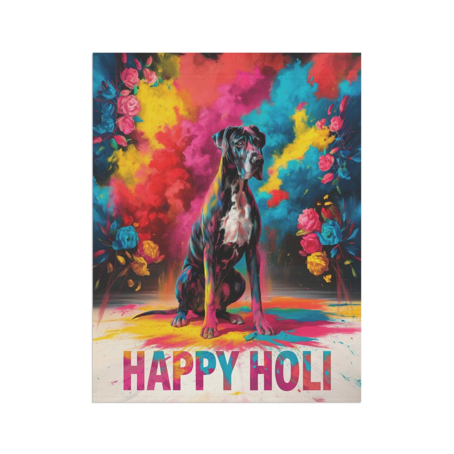 Printify Home Decor Great Dane Black Holi Garden Flag, Indian Spring Festival, Dog Lovers Yard Outside Decor