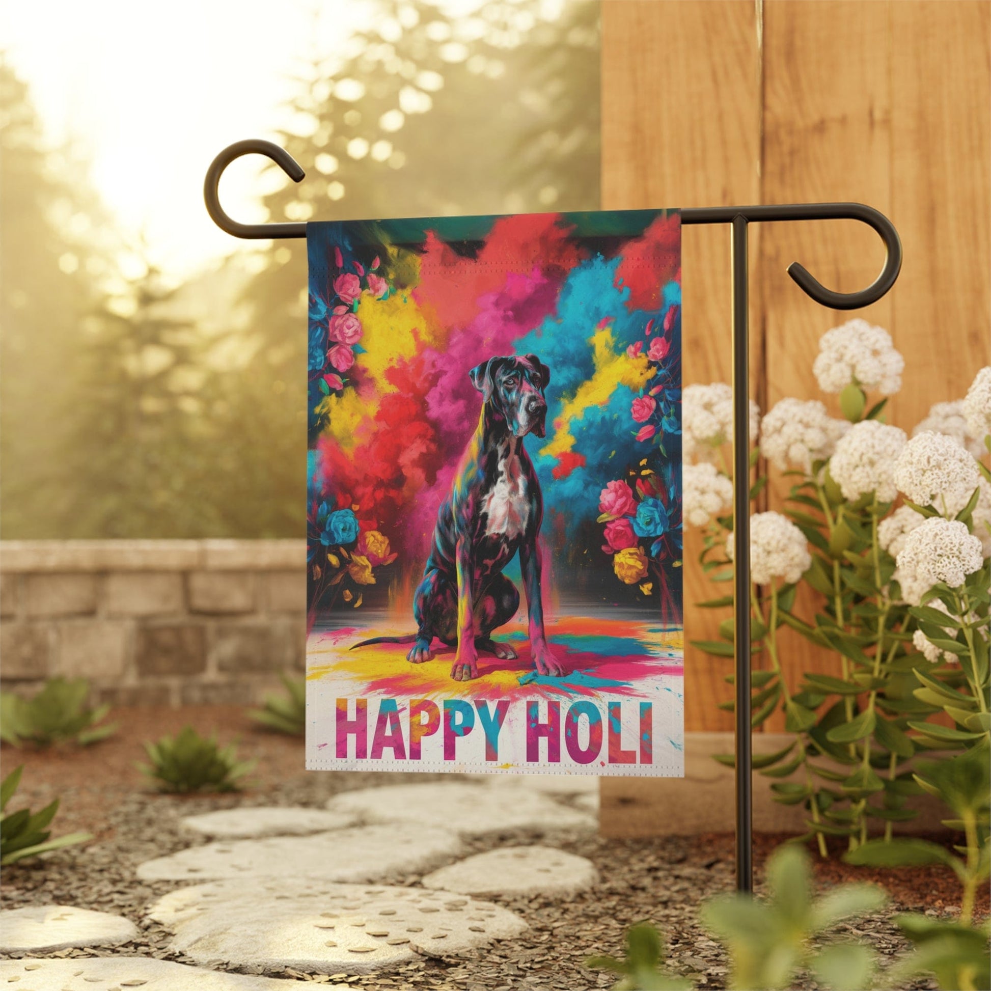 Printify Home Decor Great Dane Black Holi Garden Flag, Indian Spring Festival, Dog Lovers Yard Outside Decor