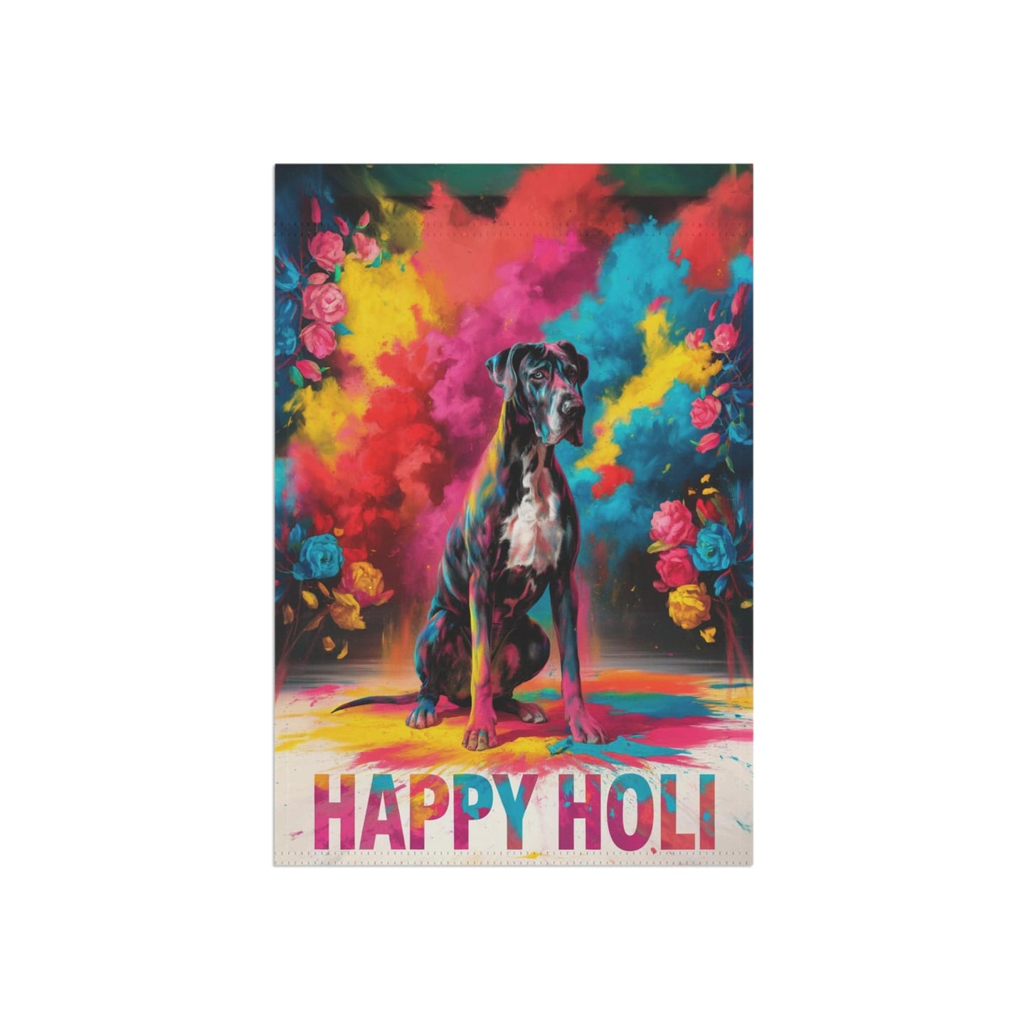 Printify Home Decor Great Dane Black Holi Garden Flag, Indian Spring Festival, Dog Lovers Yard Outside Decor