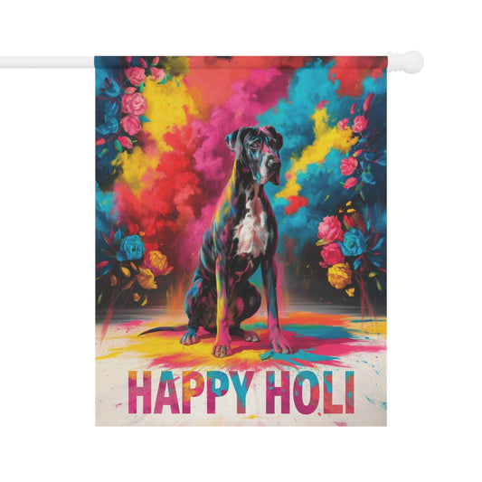 Printify Home Decor 24.5'' × 32'' Great Dane Black Holi Garden Flag, Indian Spring Festival, Dog Lovers Yard Outside Decor