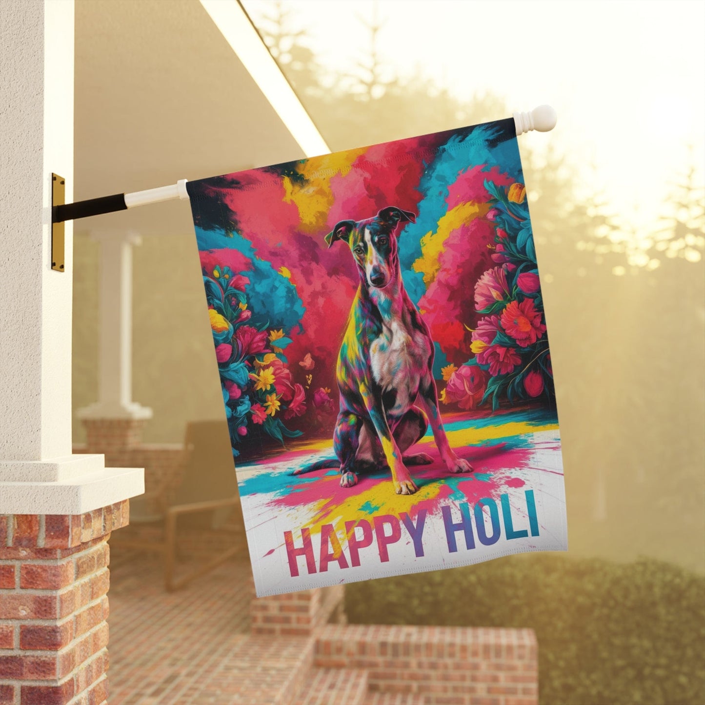 Printify Home Decor Greyhound Holi Garden Flag, Indian Spring Festival, Dog Lovers Yard Outside Decor