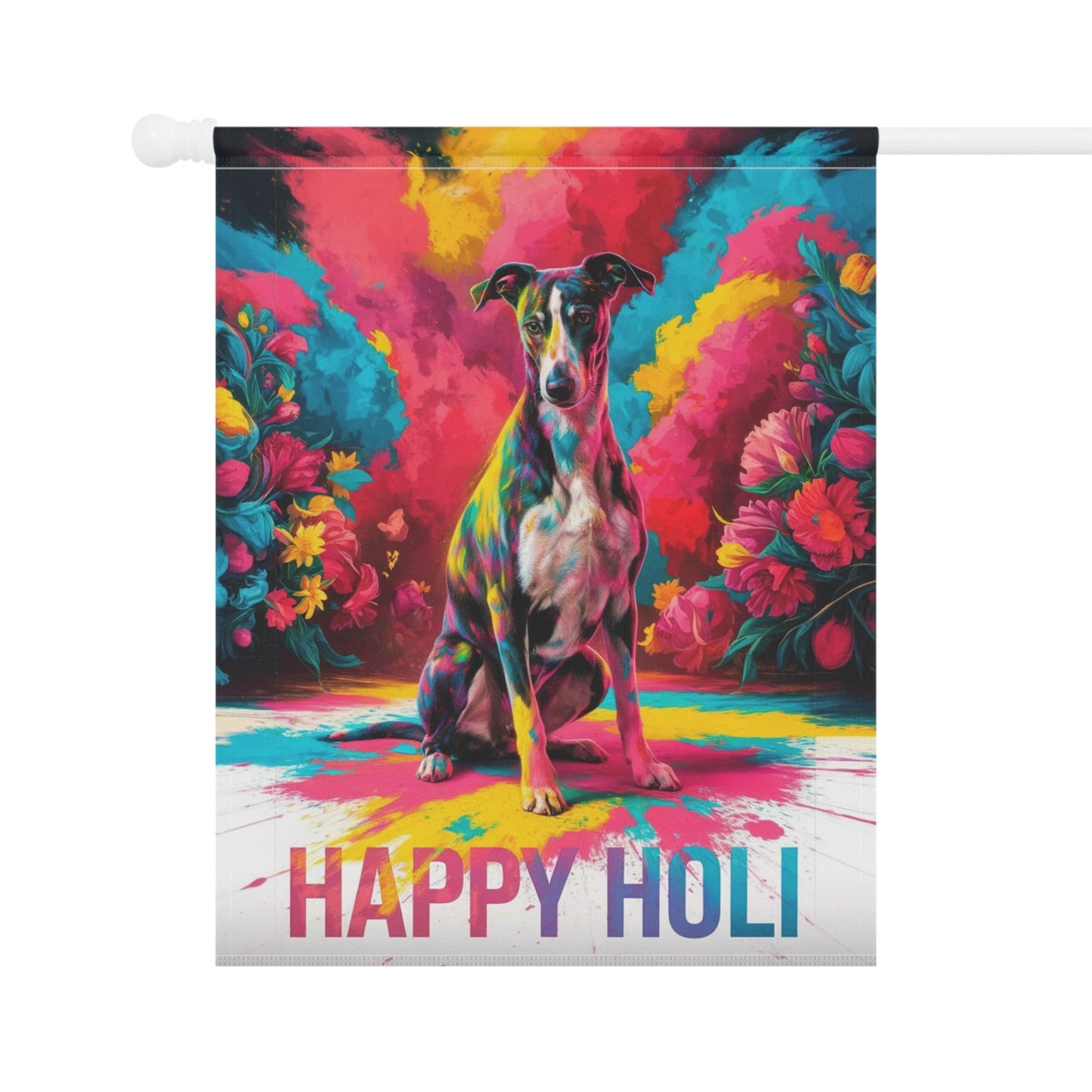 Printify Home Decor Greyhound Holi Garden Flag, Indian Spring Festival, Dog Lovers Yard Outside Decor