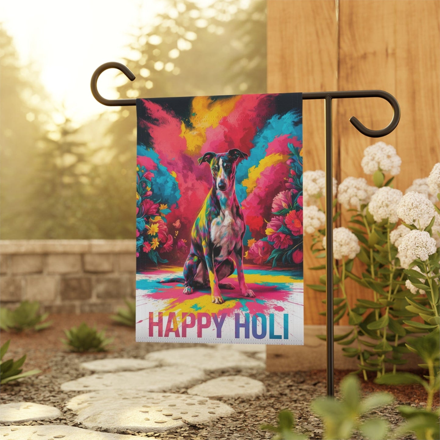 Printify Home Decor Greyhound Holi Garden Flag, Indian Spring Festival, Dog Lovers Yard Outside Decor