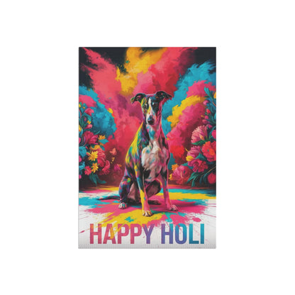Printify Home Decor Greyhound Holi Garden Flag, Indian Spring Festival, Dog Lovers Yard Outside Decor
