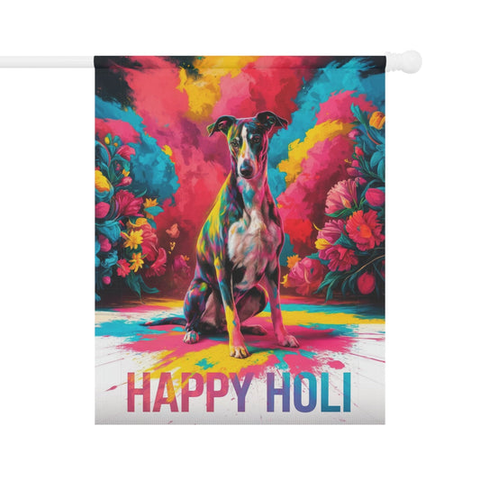 Printify Home Decor 24.5'' × 32'' Greyhound Holi Garden Flag, Indian Spring Festival, Dog Lovers Yard Outside Decor
