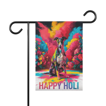 Printify Home Decor 12'' × 18'' Greyhound Holi Garden Flag, Indian Spring Festival, Dog Lovers Yard Outside Decor