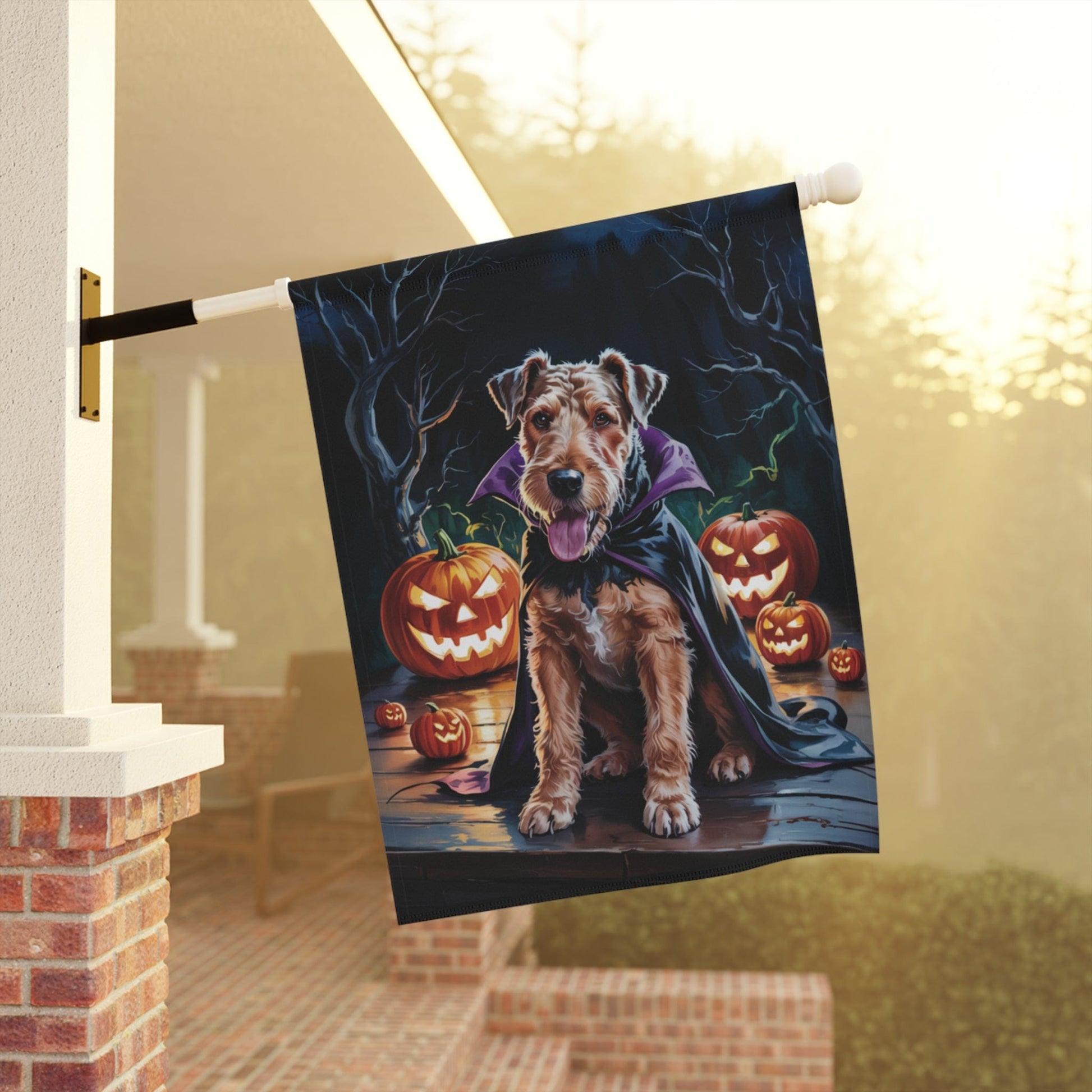 Printify Home Decor Halloween Airedale Terrier Dog Garden Flag – Vampire Pumpkin Yard Banner, Fall Outdoor Decor, 12x18 Double-Sided