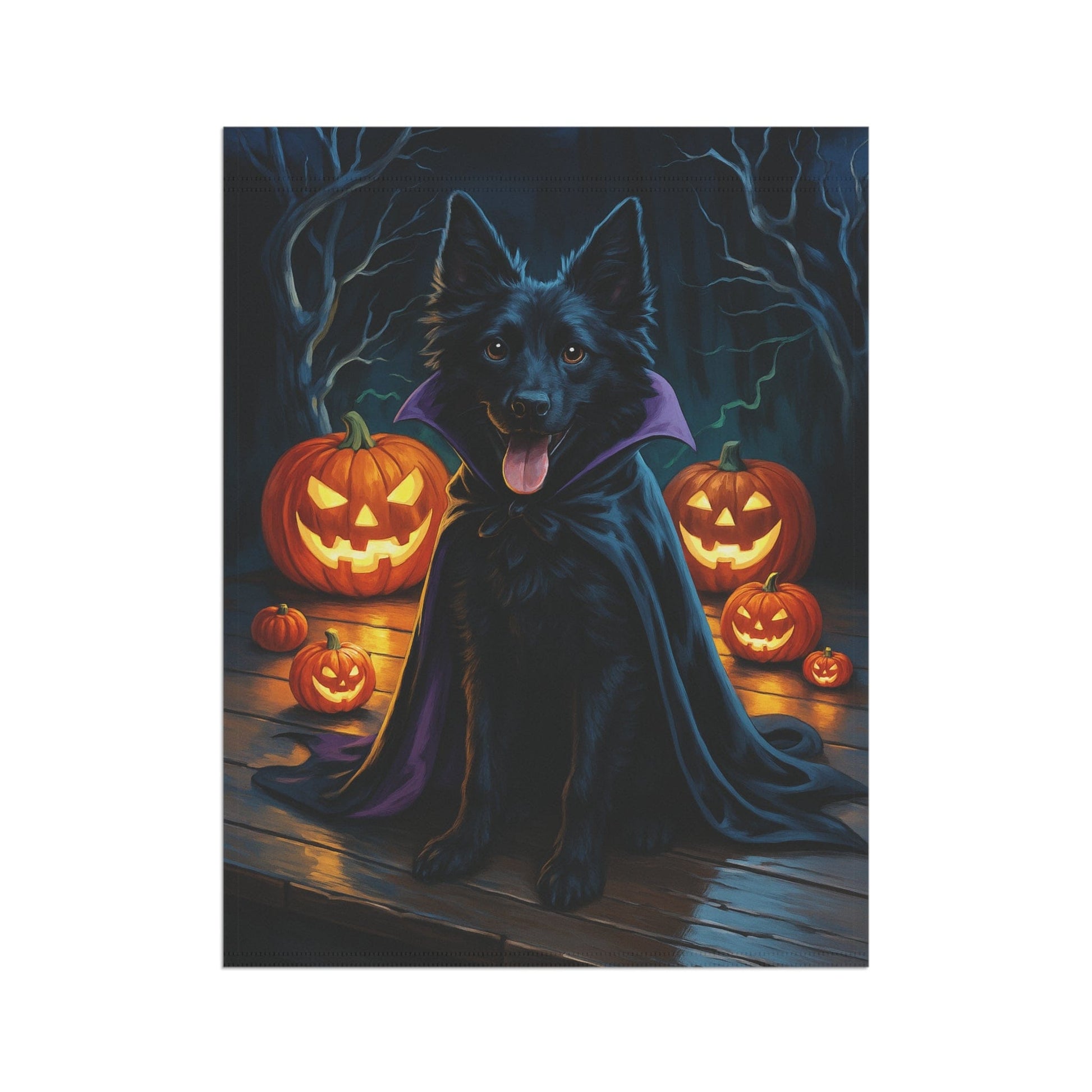 Printify Home Decor Halloween Black Mudi Dog Garden Flag – Vampire Pumpkin Yard Banner, Fall Outdoor Decor, 12x18 Double-Sided