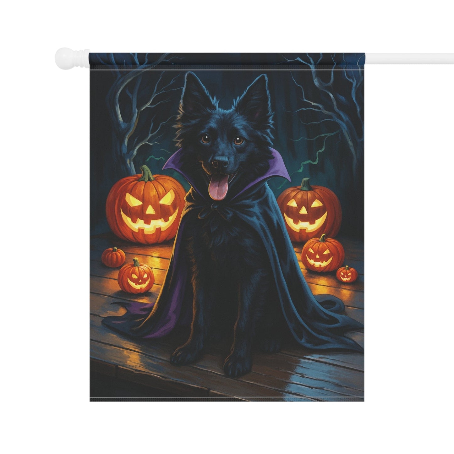 Printify Home Decor Halloween Black Mudi Dog Garden Flag – Vampire Pumpkin Yard Banner, Fall Outdoor Decor, 12x18 Double-Sided