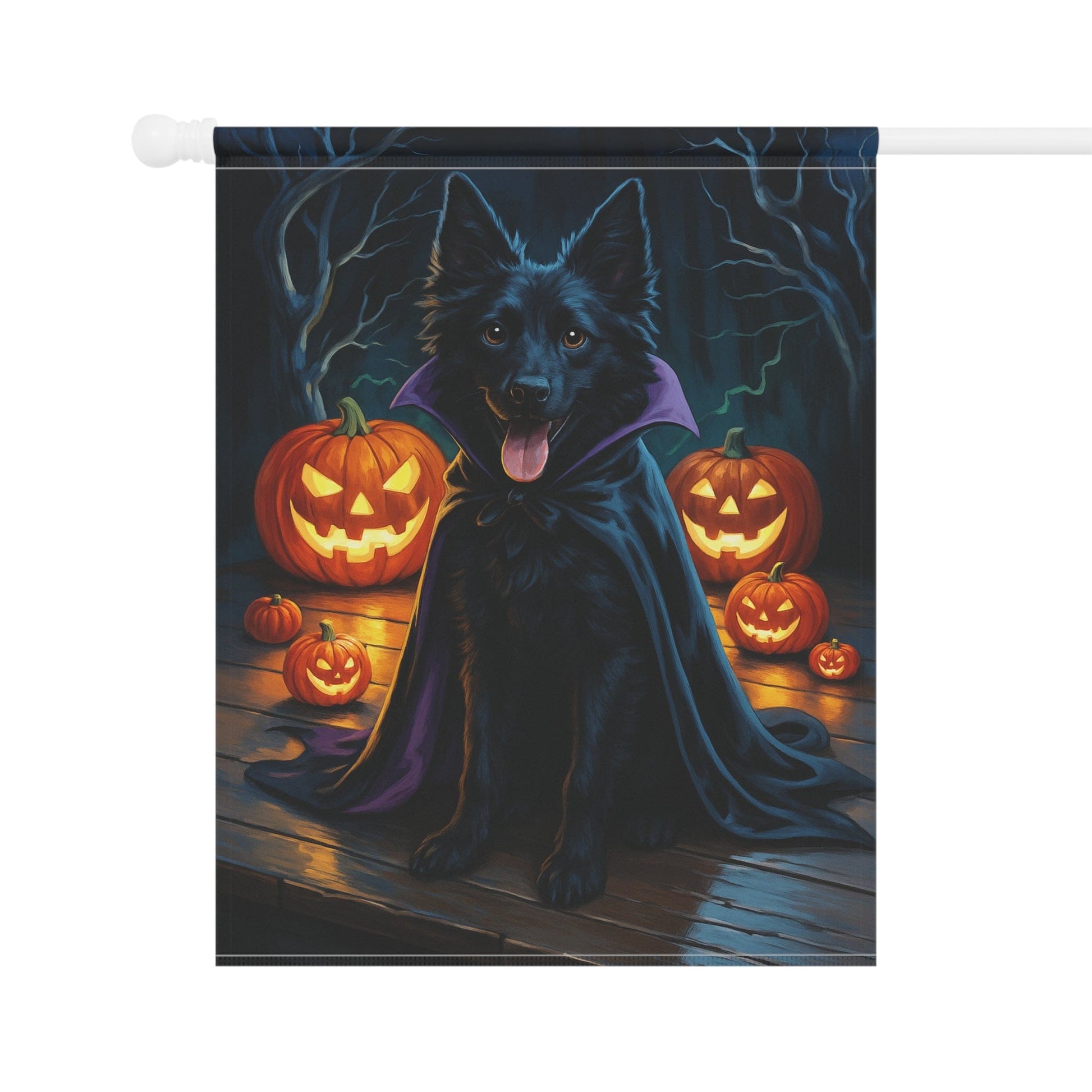 Printify Home Decor Halloween Black Mudi Dog Garden Flag – Vampire Pumpkin Yard Banner, Fall Outdoor Decor, 12x18 Double-Sided