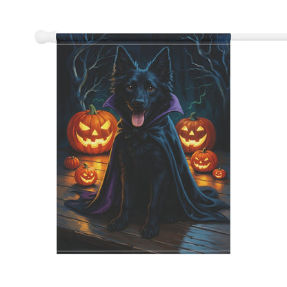 Printify Home Decor Halloween Black Mudi Dog Garden Flag – Vampire Pumpkin Yard Banner, Fall Outdoor Decor, 12x18 Double-Sided