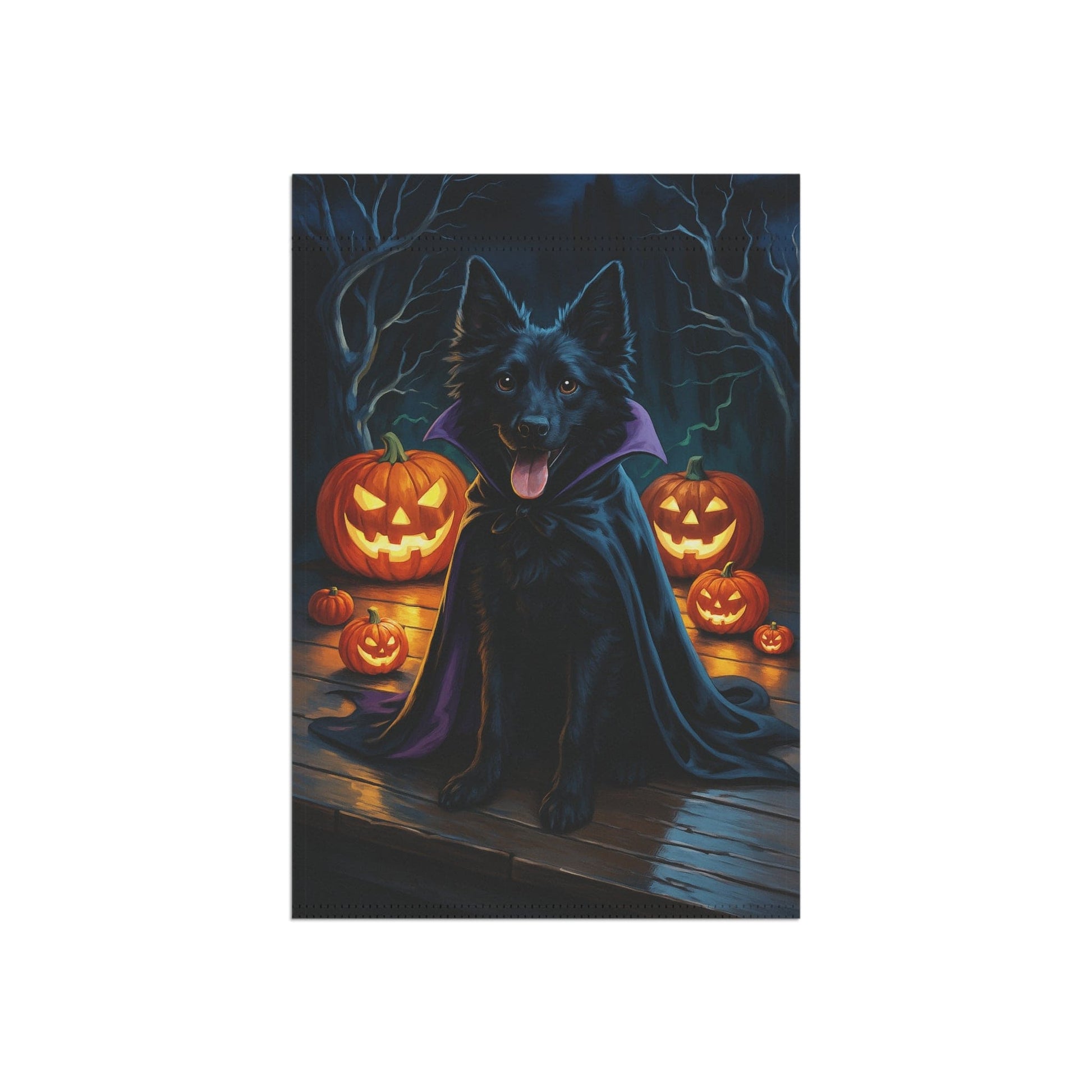 Printify Home Decor Halloween Black Mudi Dog Garden Flag – Vampire Pumpkin Yard Banner, Fall Outdoor Decor, 12x18 Double-Sided