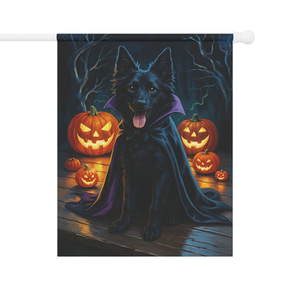 Printify Home Decor 24.5'' × 32'' Halloween Black Mudi Dog Garden Flag – Vampire Pumpkin Yard Banner, Fall Outdoor Decor, 12x18 Double-Sided