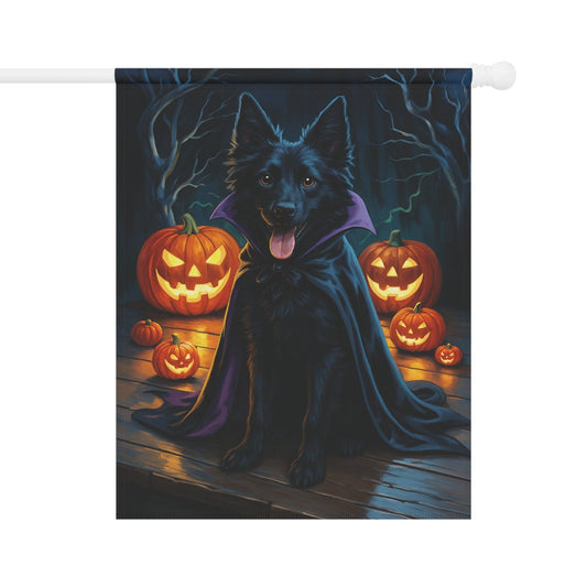 Printify Home Decor 24.5'' × 32'' Halloween Black Mudi Dog Garden Flag – Vampire Pumpkin Yard Banner, Fall Outdoor Decor, 12x18 Double-Sided