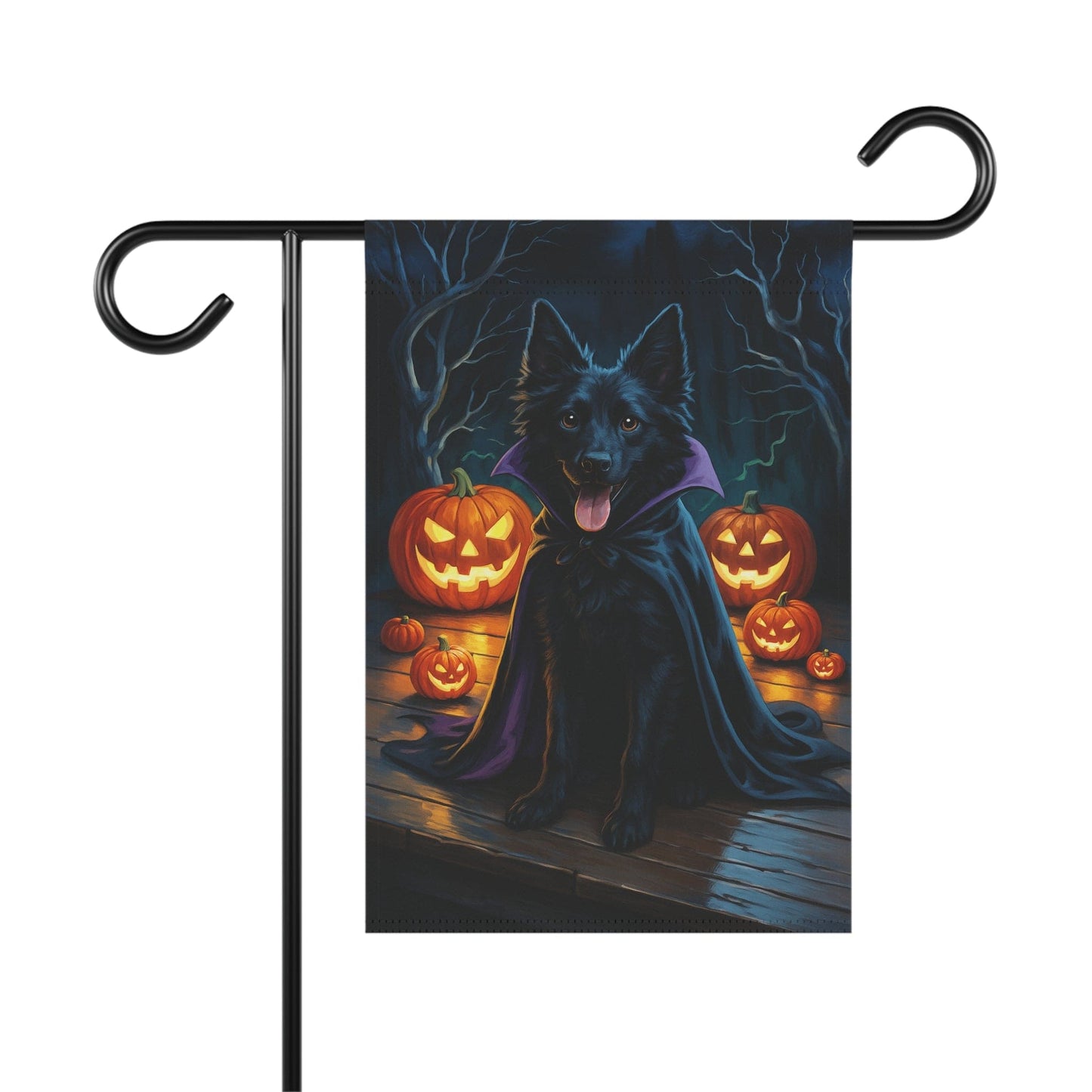 Printify Home Decor 12'' × 18'' Halloween Black Mudi Dog Garden Flag – Vampire Pumpkin Yard Banner, Fall Outdoor Decor, 12x18 Double-Sided