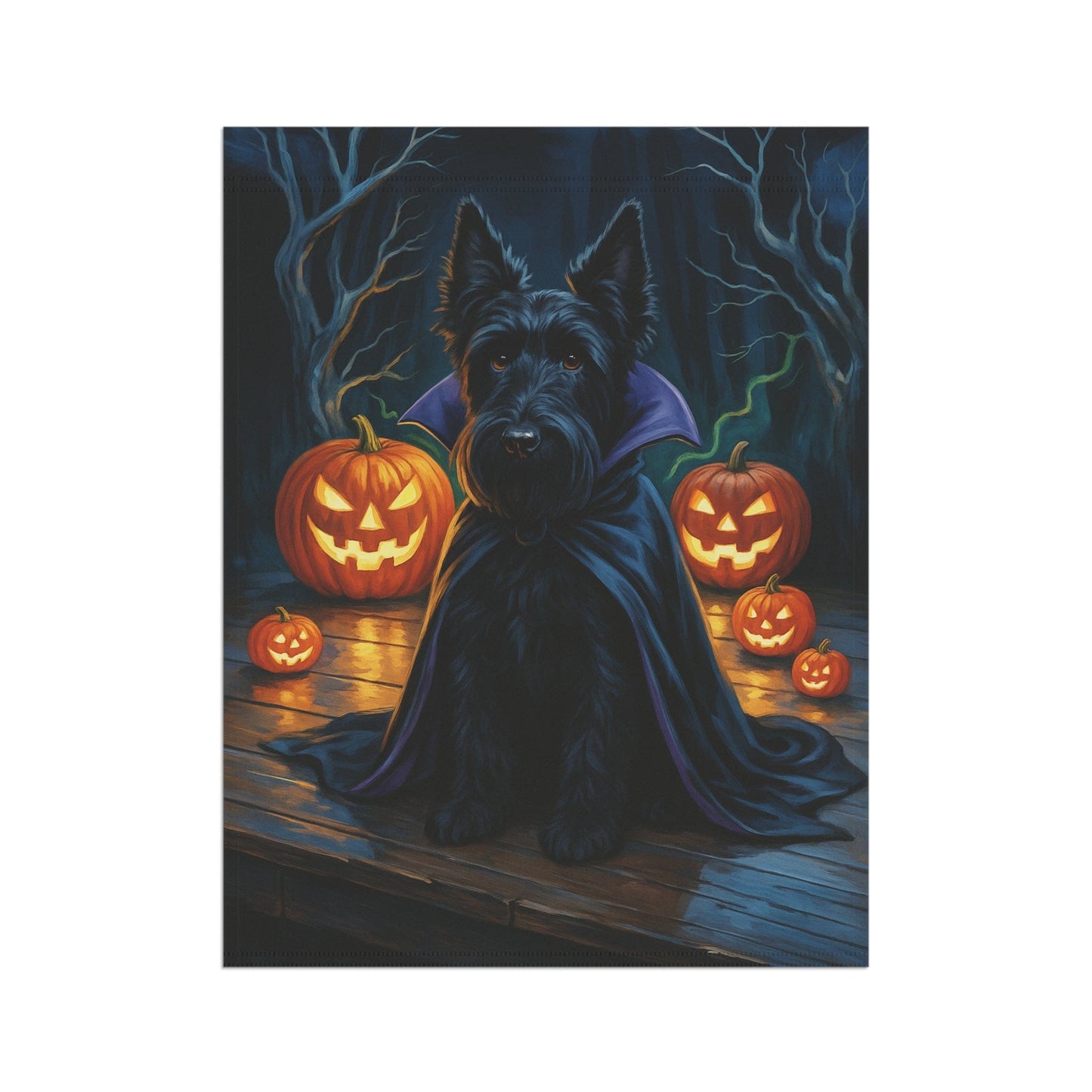 Printify Home Decor Halloween Black Scottish Terrier Dog Garden Flag, Vampire Pumpkin Yard Banner, Fall Decor
