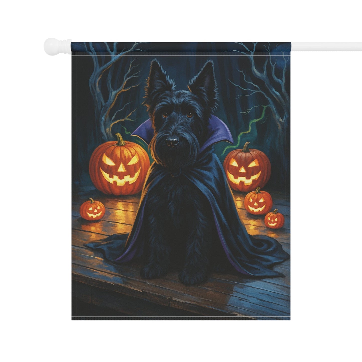 Printify Home Decor Halloween Black Scottish Terrier Dog Garden Flag, Vampire Pumpkin Yard Banner, Fall Decor