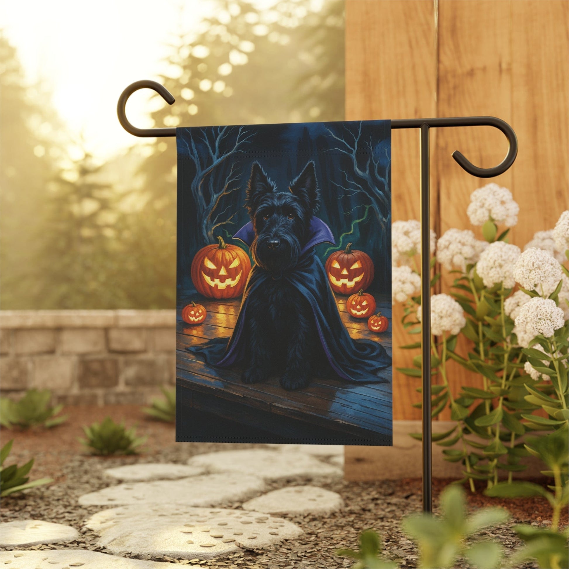 Printify Home Decor Halloween Black Scottish Terrier Dog Garden Flag, Vampire Pumpkin Yard Banner, Fall Decor