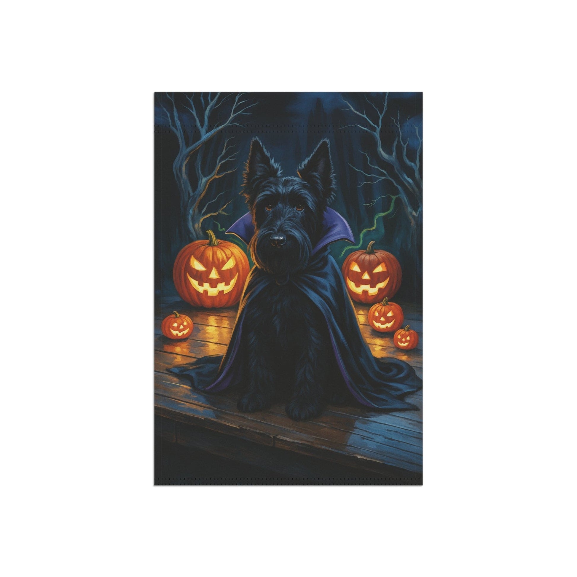 Printify Home Decor Halloween Black Scottish Terrier Dog Garden Flag, Vampire Pumpkin Yard Banner, Fall Decor