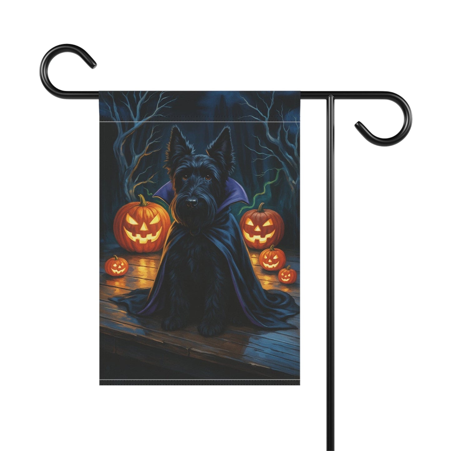 Printify Home Decor Halloween Black Scottish Terrier Dog Garden Flag, Vampire Pumpkin Yard Banner, Fall Decor