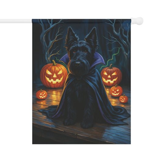 Printify Home Decor 24.5'' × 32'' Halloween Black Scottish Terrier Dog Garden Flag, Vampire Pumpkin Yard Banner, Fall Decor