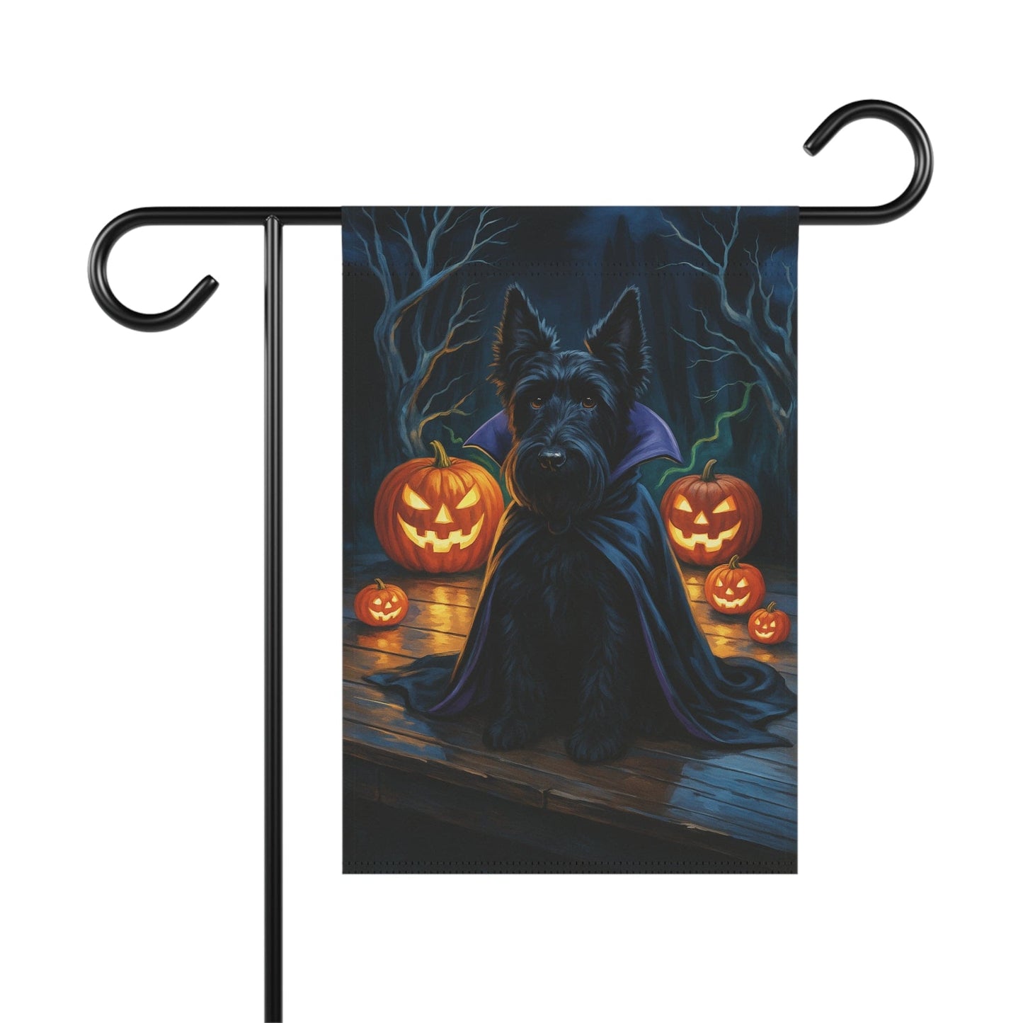 Printify Home Decor 12'' × 18'' Halloween Black Scottish Terrier Dog Garden Flag, Vampire Pumpkin Yard Banner, Fall Decor
