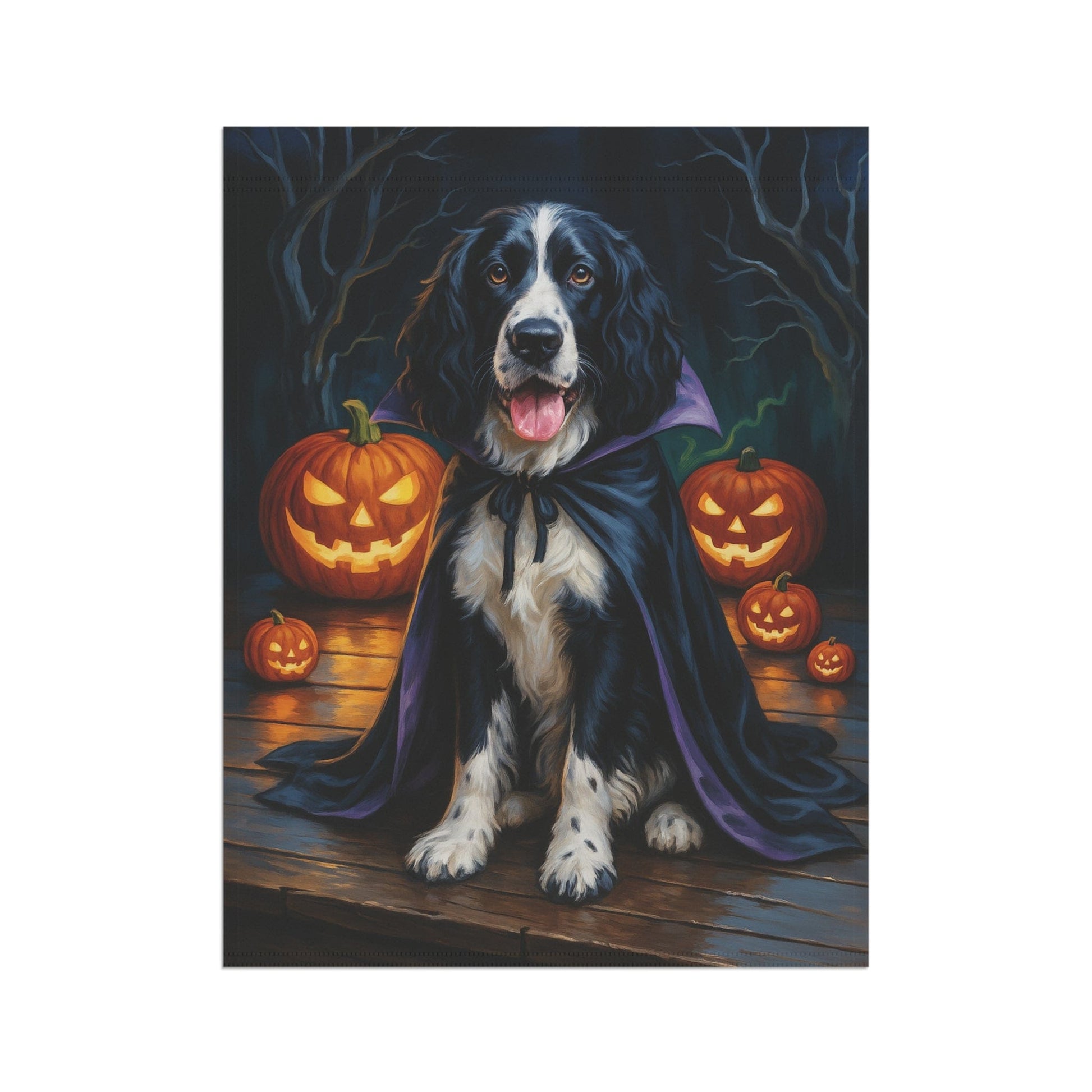 Printify Home Decor Halloween Black Springer Spaniel Dog Garden Flag – Vampire Pumpkin Yard Banner, Fall Outdoor Decor, 12x18 Double-Sided