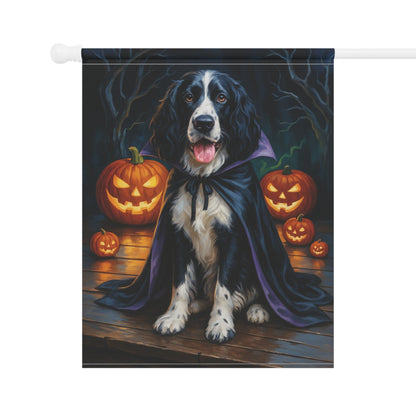 Printify Home Decor Halloween Black Springer Spaniel Dog Garden Flag – Vampire Pumpkin Yard Banner, Fall Outdoor Decor, 12x18 Double-Sided
