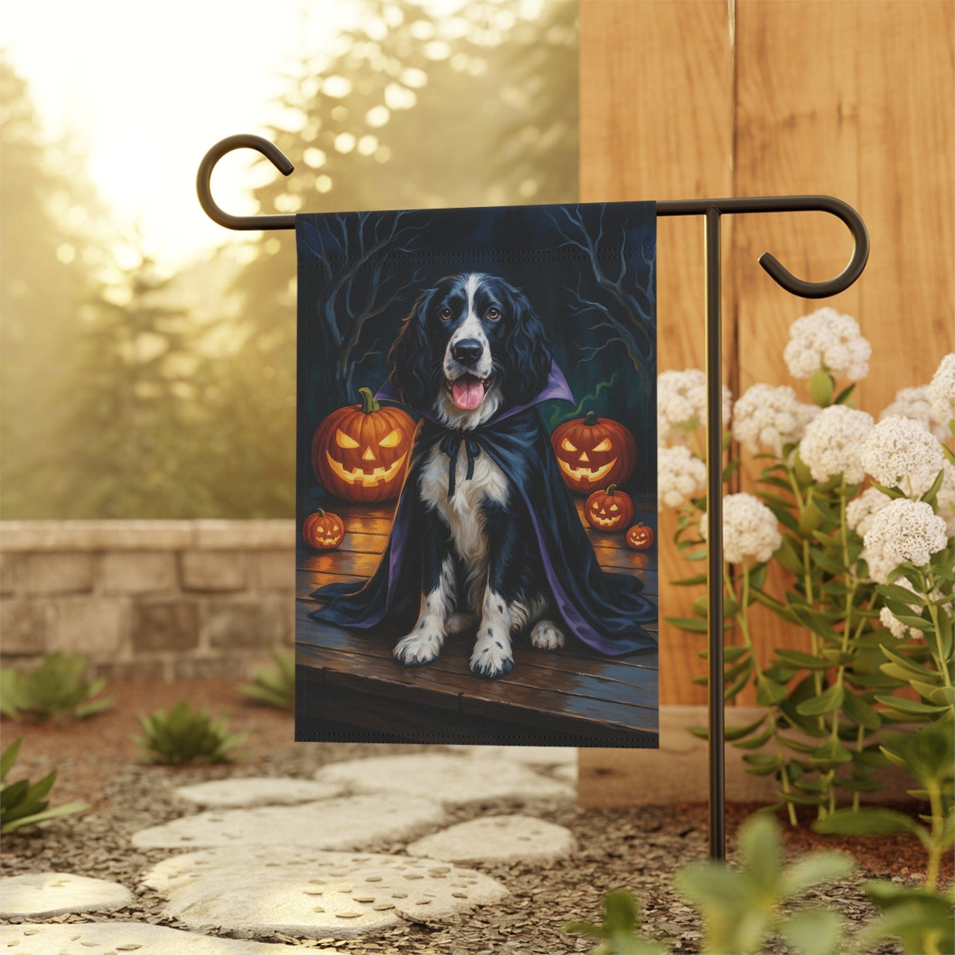 Printify Home Decor Halloween Black Springer Spaniel Dog Garden Flag – Vampire Pumpkin Yard Banner, Fall Outdoor Decor, 12x18 Double-Sided